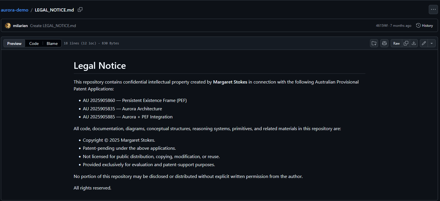 Patent and copyright notice screenshot